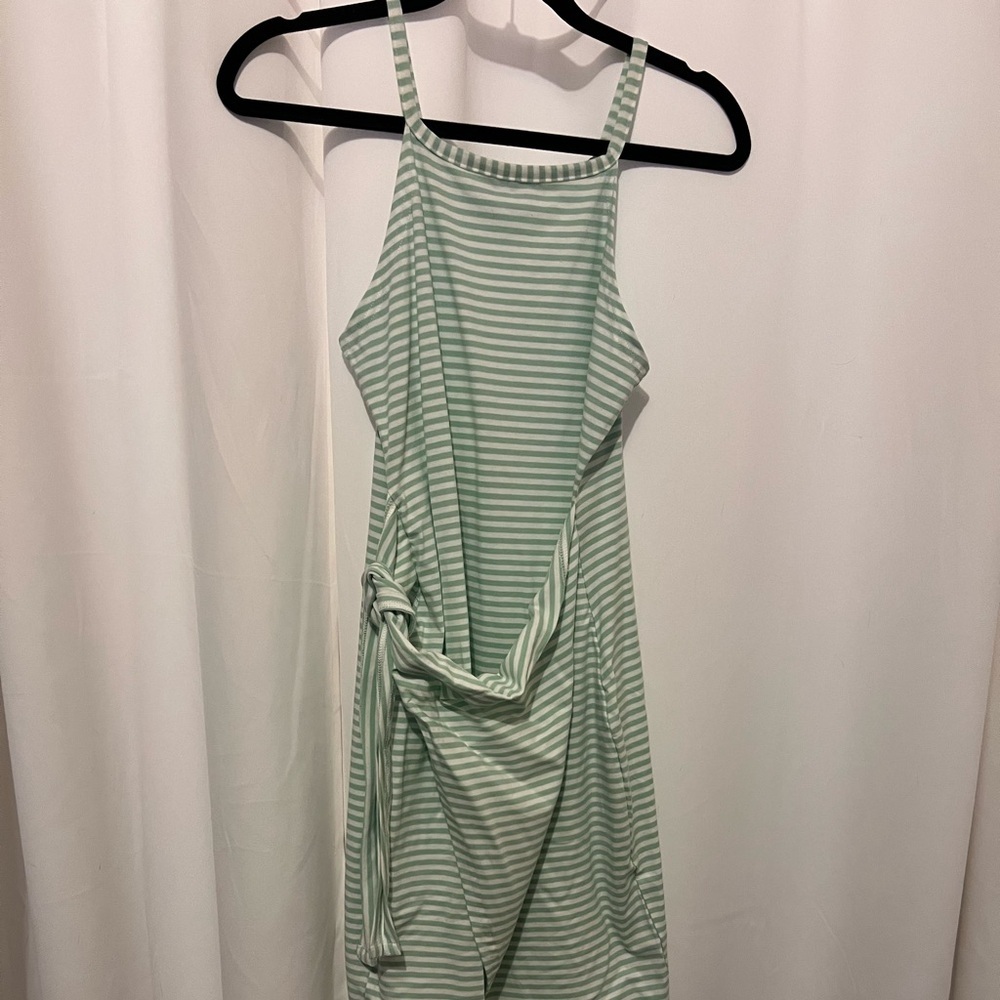 Green and White Stripe Tank Top Midi Dress with Faux Sarong Tie